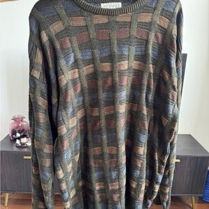 Vintage Oversized Green and Brown Crewneck Sweater with Geometric Pattern